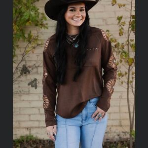 Brown Long Sleeve Women's Top Small Turquoise Western Rodeo